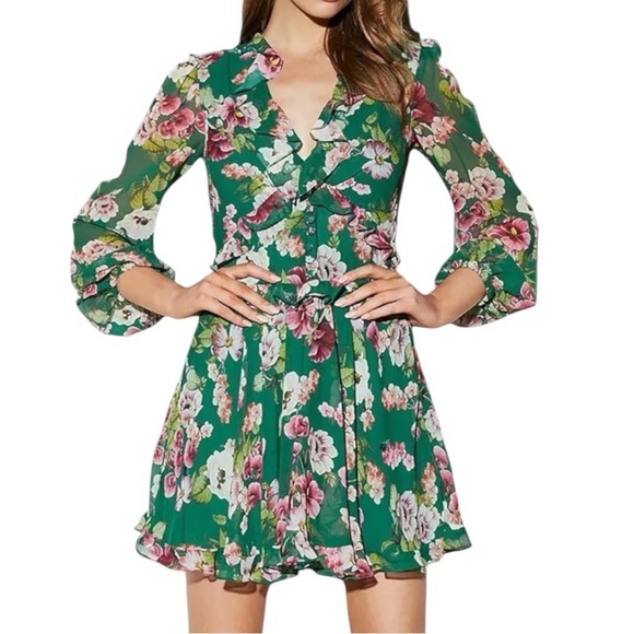 Bardot Women's Size 4 XS Green Floral Bardot Bambi Flirty Long Sleeve Dress Bardot Women's Size 4 XS Green Floral Bardot Bambi Flirty Long Sleeve Dress